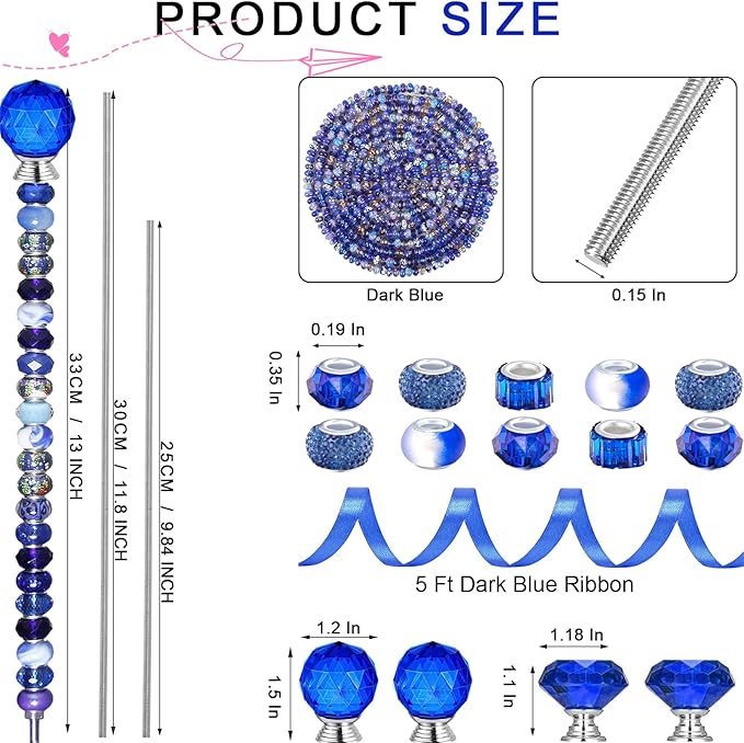 119 Pcs Garden Stake Diy Fairy Wand Plant Stake with Dark Blue Large Hole Beads Crystal Diamond Stopper Top 4 Stainless Steel Threaded Rod Beaded Garden Stakes For Outdoor Indoor Plant Pot Decorations