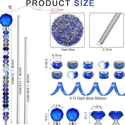 119 Pcs Garden Stake Diy Fairy Wand Plant Stake with Dark Blue Large Hole Beads Crystal Diamond Stopper Top 4 Stainless Steel Threaded Rod Beaded Garden Stakes For Outdoor Indoor Plant Pot Decorations