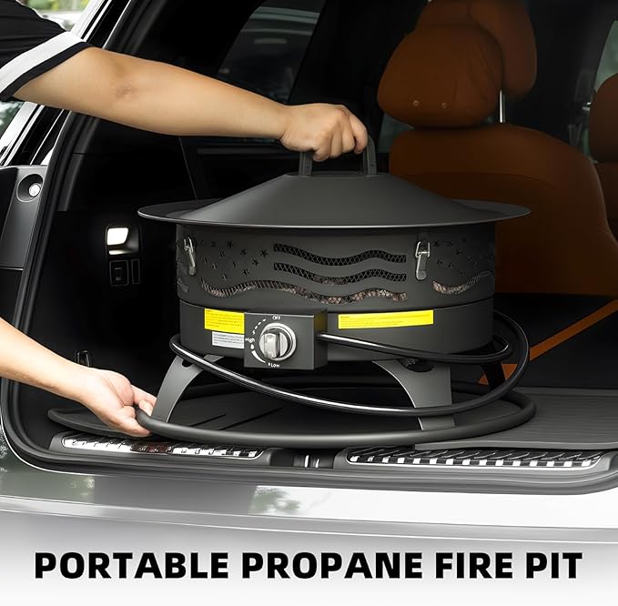 Portable Propane Fire Pit, 24 Inch Smokeless Gas Fire Pit Bowl for Outside, 60,000 BTU Outdoor Firepit with Grill Grate & Lid for Camping, Patio, Yard, Garden