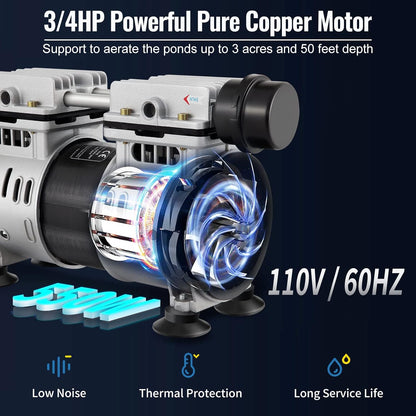 Pond Aeration System, Pond Aerator 3/4HP Oil-Free Rocking Piston Air Compressor 2 Diffusers Two 100ft Weighted Hoses for 3 Acres Deep Water Outdoor Large Lake & Pond Pumps 5.6 CFM Air