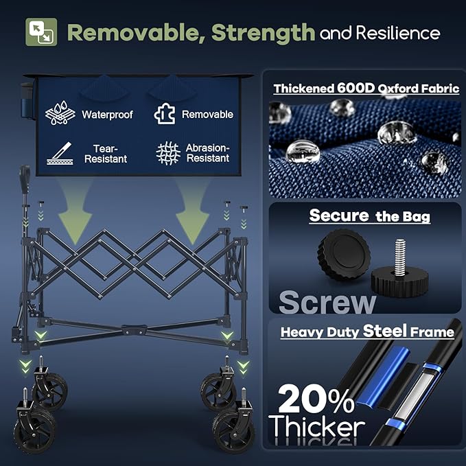 150L Collapsible Wagons Carts Foldable, 360LBS Heavy Duty Folding Beach Cart with Big All-Terrain Wheels, Portable Utility Wagon for Grocery, Shopping, Garden, Sports, Blue