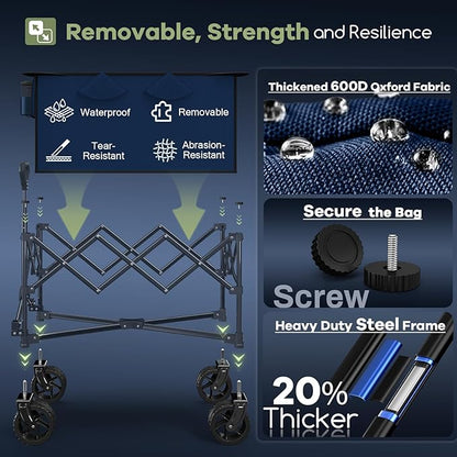 150L Collapsible Wagons Carts Foldable, 360LBS Heavy Duty Folding Beach Cart with Big All-Terrain Wheels, Portable Utility Wagon for Grocery, Shopping, Garden, Sports, Blue