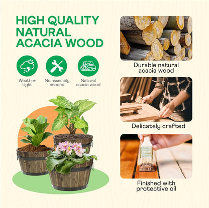 IDZO Set of 3 Wooden Flower Planters for Outdoor Plants, Acacia Wood Barrel Planters, Ergonomic Handles, Drainage Holes, Various Sizes, Walnut