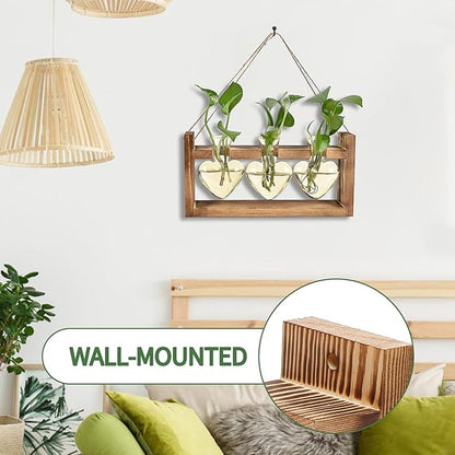 Plant Terrarium Propagation Stations Hydroponics Home Garden Decoration Gift for Women with Wooden Stand Heart Shaped Colored Glass Vase