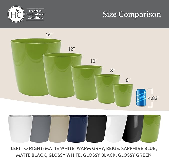 The HC Companies Aria Round Self-Watering Pot - Lightweight Plastic Planter for Herbs & More - Durable Plant Pots for Indoor Plants & Outdoor Plants (8" Matte Black, Pack of 1)