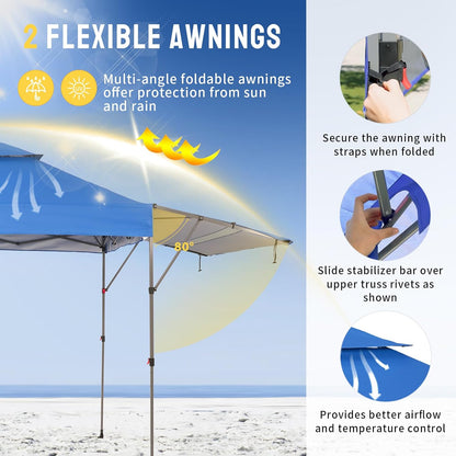 CROWN SHADES 10x10 Pop up Canopy Tent Patended Centerlock Instant Commercial Canopy with 150D Silver Coated Fabric Including 2 Extend Awnings, 4 Ropes, 8 Stakes, 4 Weight Bags, STO 'N Go Bag, Blue