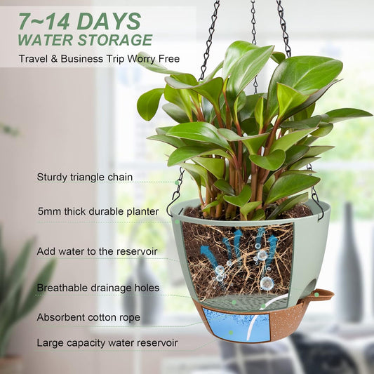 Hanging Planters for Indoor Outdoor Plants, 2 Pack Self Watering Hanging Pot with Drainage Holes & Removable Tray (Green, 10'')