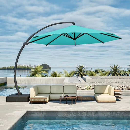 12FT Cantilever Umbrella with Base Large Curvy Outdoor Aluminum Offset Umbrella w/ 360° Rotation, UV Resistant Canopy for Patio, Garden, Backyard, Turquoise Blue
