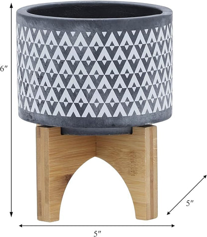 Sagebrook Home Stoneware Planter with Wooden Stand - Ceramic Indoor/Outdoor Plant Pot - Modern Geometric Design - Home & Garden Decor - 6" Gray