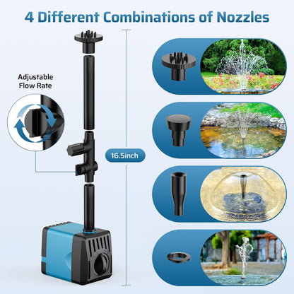 POPOSOAP 10W Solar Water Fountain Pump, Solar Powered Water Pump with 120GPH Fountain Pump, 4 Sprayers, 16.4ft Cable, 6.6ft Tubing for Outdoor Pond,Bird Bath,Fish Tank and Garden Water Features