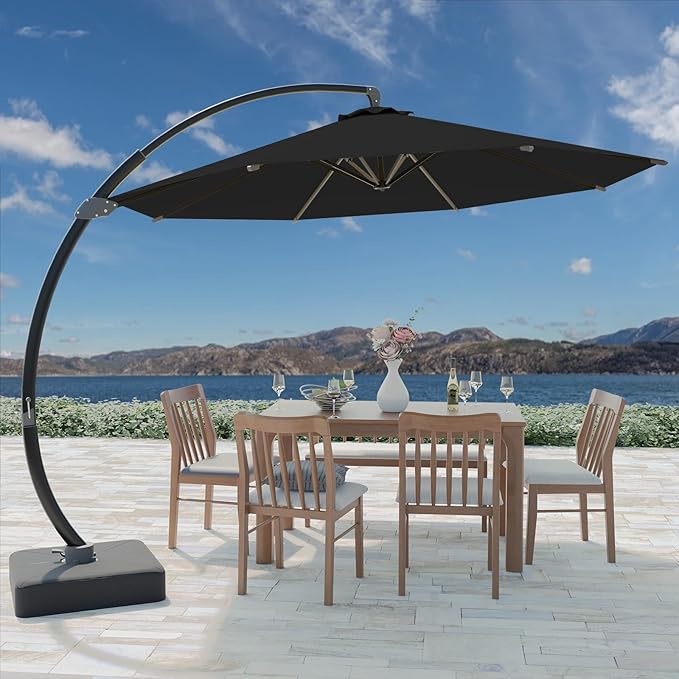 Outdoor Patio Umbrella with Sand Bag Included, 11 FT Deluxe Curvy Cantilever Umbrella Offset Hanging Umbrella with 360° Rotation for Market, Pool, Garden, Backyard, Deck