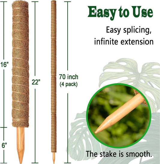 4 Pack 22 Inch Moss Poles, Stackable Moss Pole for Plants Monstera, 70 Inch Tall Moss Poles for Climbing Plants Indoor, Coir Totem Plant Support Stakes Stand for Potted Plants, Pothos