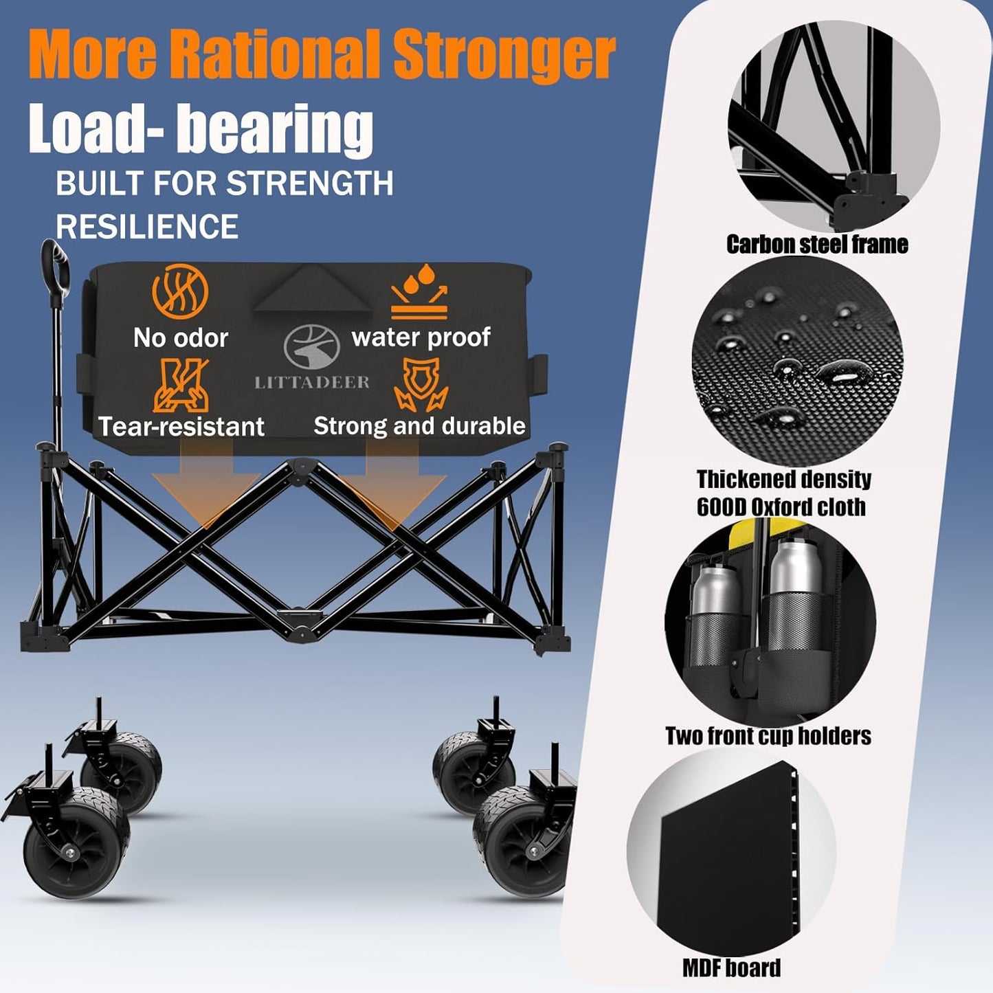 Collapsible Wagon Cart with Silent All-Terrain Wheels, Foldable Heavy Duty Beach Wagon with 330LB,Folding Cart with Cup Holders and Brakes for Camping, Garden,Shopping,Sports Black