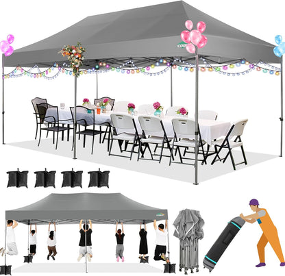 COBIZI 10x20 Heavy Duty Pop up Canopy Tent Easy Up Commercial Outdoor Canopy Wedding Party Tents for Parties All Season Wind & Waterproof Gazebo with Roller Bag,Grey(Frame Thickened)
