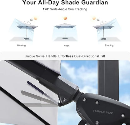 PURPLE LEAF 10 Feet Patio Umbrella Outdoor Cantilever Solar Powered LED Swivel Square Umbrella Aluminum Offset Umbrella with 360-degree Rotation for Garden Deck Pool Patio White