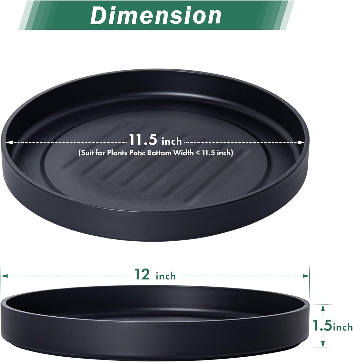 Phoenix Vine 12 Inch Plastic Plant Saucer Water Drip Tray, Heavy Sturdy Round Plant Drainage Tray for Indoors Outdoor, Matte Black, 21-TY-12B-1