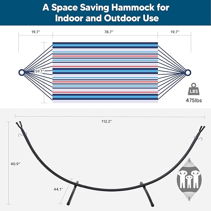 SUNCREAT Hammocks for Outside with Stand, Porch Hammock and Stand, 475 lbs Capacity, Blue & Red Stripes