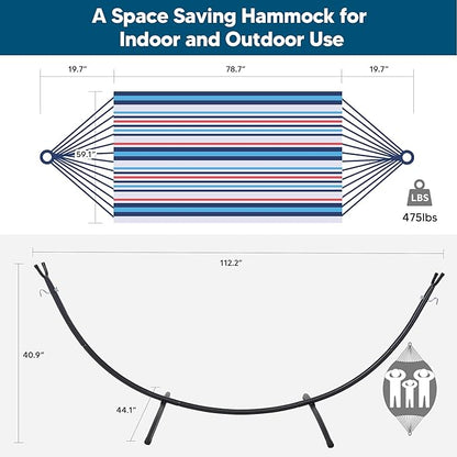 SUNCREAT Hammocks for Outside with Stand, Porch Hammock and Stand, 475 lbs Capacity, Blue & Red Stripes
