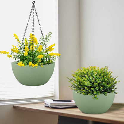 8 inch Small Hanging Planters Plant Pots for Indoor Outdoor Plants, 2 Pack Hanging Flower Pots with Drainage Holes and Chain for Garden Porch, Plastic Hanging Baskets for House Plants, Green