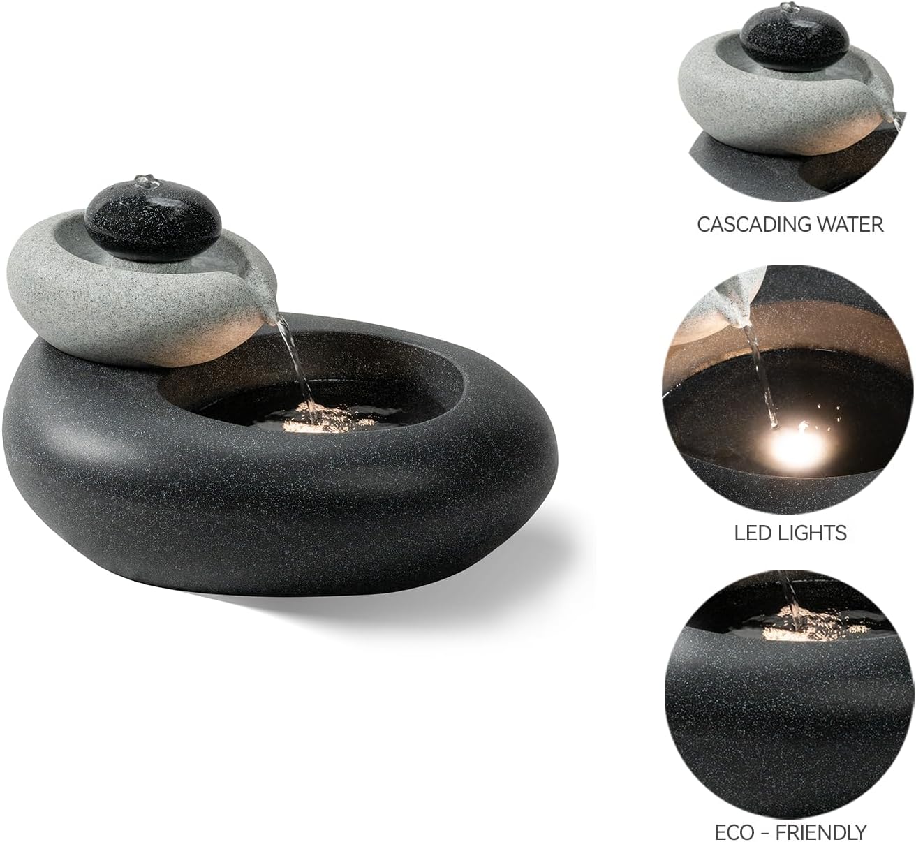 13.39" H Outdoor Water Fountain Made with Eco-Friendly Recyclable Materials, Polyethylene Rock Waterfall Outdoor Fountain, Garden Decor with LED Light & Pump for Patio, Backyard (13.39")