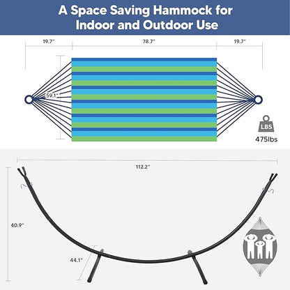 SUNCREAT Portable Outdoor Hammock with Stand Included, Double Hammock with Stand for Outside, Blue & Green Stripes