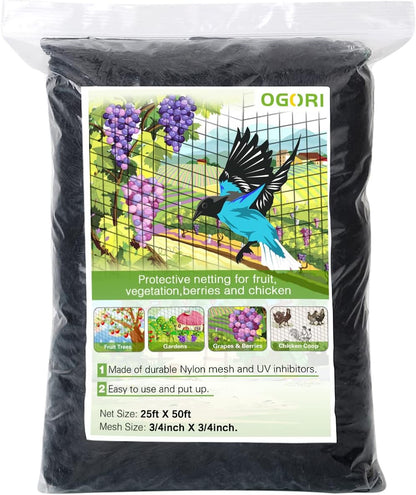 OGORI 25' x 50' Bird Netting Heavy Duty Nylon 3/4" Mesh Garden Netting Protect Fruit Trees, Plants and Vegetables