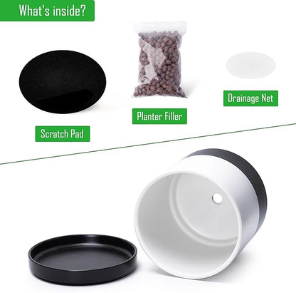 D'vine Dev 8.2 Inch Ceramic Planter Pot with Drainage Hole and Saucer, Indoor Cylinder Round Planter Pot, Layered Monochrome Black & White, 94-O-D-L