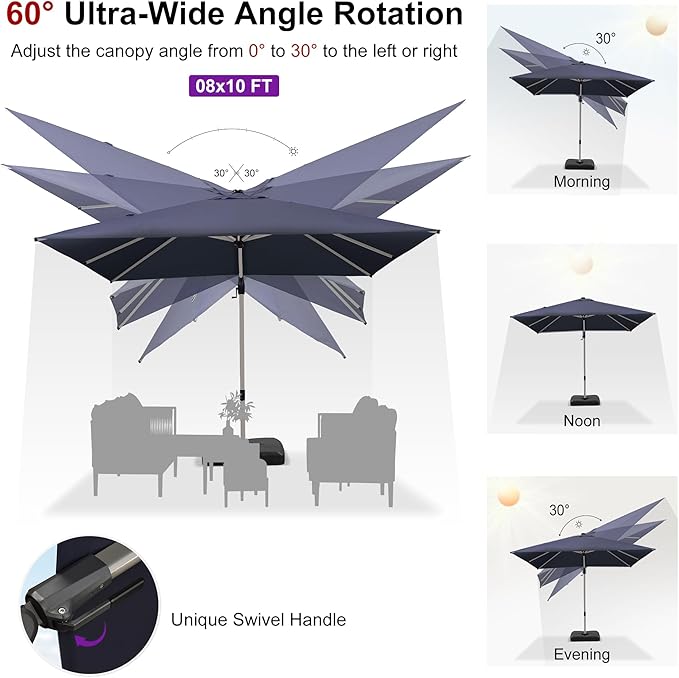 PURPLE LEAF 8' X 10' Left-right Tilting Patio Umbrella Outdoor Swivel Cantilever Umbrella Aluminum Offset Umbrella with Champagne Frame and 360-degree Rotation for Garden Deck Pool, Navy Blue