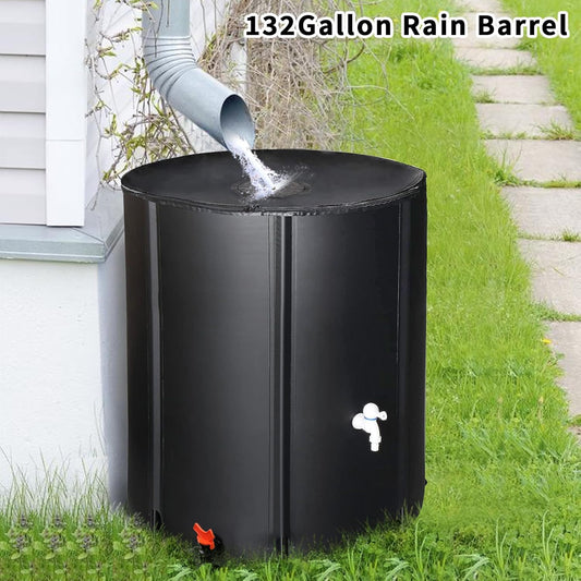 132 Gallon Collapsible Rain Barrel, Water Storage Tank, Portable Rainwater Collection System, Rain Catcher Barrel with Two Spigots and Overflow Kit, Rain Water Barrel Collector for Garden, Black