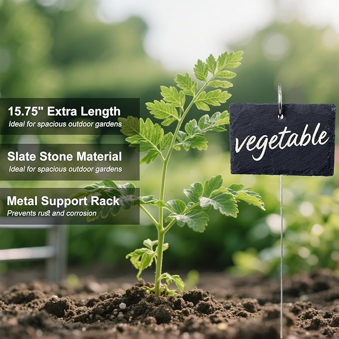 25 Pcs Plant Labels with Metal Stakes and Stone Chalks Reusable Hanging Slate Planter Markers Weatherproof Garden Tags for Seedlings Vegetable Flower Pot