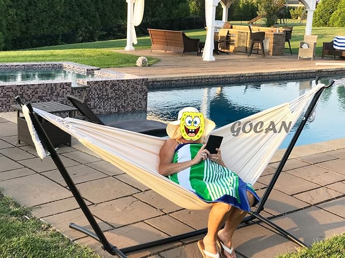 Brazilian Double Hammock 2 Person 330X150cm Load 500Pound Cotton Hammock for Patio Porch Garden Backyard Lounging Outdoor and Indoor (Beige)