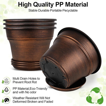 10 Inch Planters Plant Pots Indoor Outdoor, 4 Pack Plastic Flower Pot for Indoor Plants with Drainage Holes & Trays, Resin Decorative Container Sets with Saucer for House Garden Copper