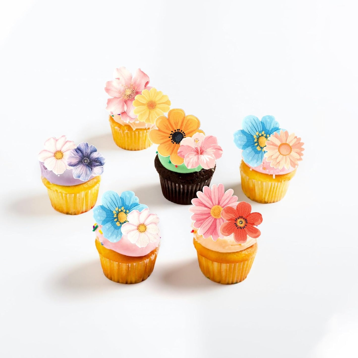 60 PCS Edible Flowers Cupcake Toppers Wafer Paper Daisy Cupcake Picks Edible Hibiscus Flower Birthday Party Decorations for Baby Shower Wedding Birthday Party Cake Food Decorations Supplies