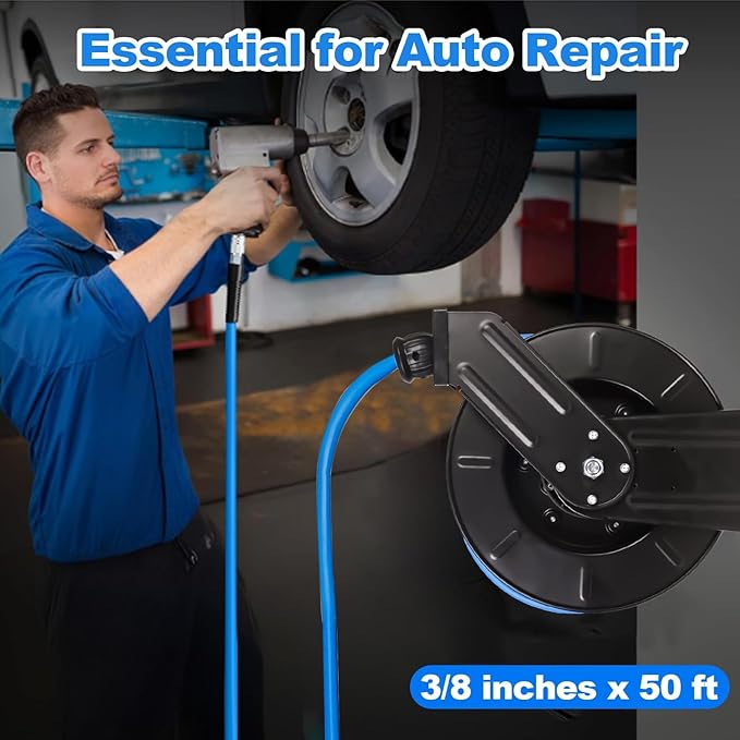 Heavy Duty Retractable Air Hose Reel, 3/8 IN x 50 FT Hybrid Air Hose, Max 300PSI Air Compressor Hose Reel with Auto Rewind, Ceiling/Wall Mount Single Arm Premium Steel Reel for Garage Workshop