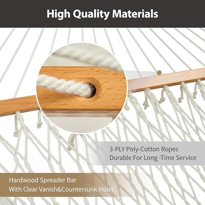 Outdoor Double Hammock with Hardwood Spreader Bars, Large Rope Hammock with Polyester Pad and Pillow, 475 LBS Capacity for 2 Person Patio Backyard Poolside - Tan
