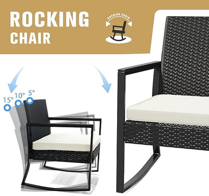 WWR 3 Pieces Outdoor Patio Furniture Set Rocking Wicker Rattan Chair Set Patio Bistro Conversation Set 3 Pcs with Coffee Table for Yard & Bistro (Sand)
