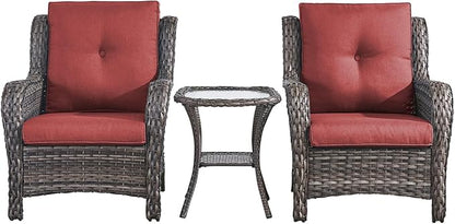 Rilyson Patio Bistro Set Outdoor Chairs - 3 Piece Wicker Rattan Patio Furniture Set with 2 Armrest Chair and 1 Side Table for Proch Deck Garden Backyard Balcony(Mixed Grey/Red)