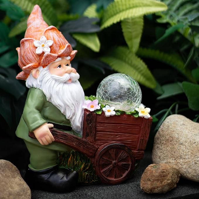 Solar Garden Gnome Statue with Crackle Glass Globe Lights, Waterproof Outdoor Decor for Patio, Lawn, or Yard, Whimsical Housewarming Gift(Green Gnomes)