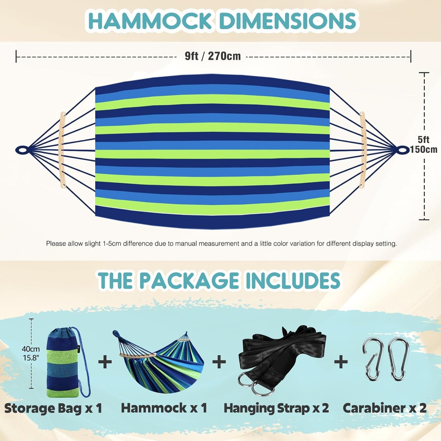 Anyoo Garden Cotton Hammock Comfortable Fabric Hammock with Spreader Bar Sturdy Hammocks Up to 450lbs Portable Lightweight Hammocks with Travel Bag for Camping Outdoor/Indoor Patio Backyard