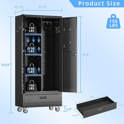 31.5 in Wide Garage Storage Cabinet with Wheels, Metal Storage Cabinet with 1 Drawer and 3 Adjustable Shelves for Home Offices, Gyms and Pantries, Black