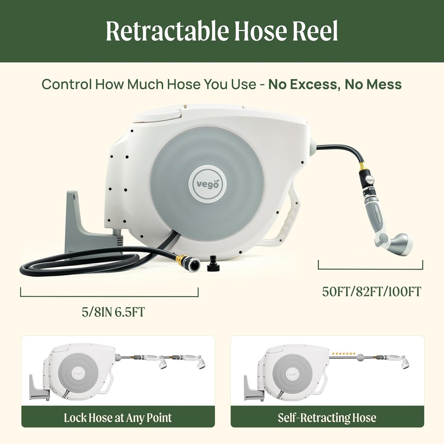 Vego Garden Hose Reel Retractable Hi-Flow x 100ft Wall Mounted Hose Reel Automatic Rewind, Any Length Lock with 9 Patterns Sprayer Nozzle, Quick Connector and Adjustable shot Nozzle-Seaweed Green