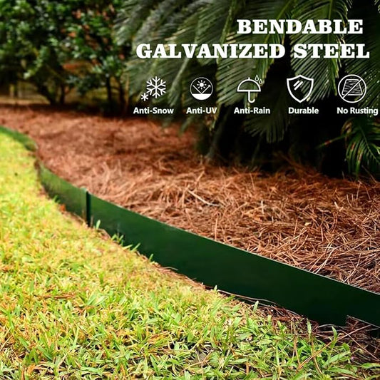 A ANLEOLIFE 6 Pack 40" LX 6" H Galvanized Steel Garden Landscape Edging, Bendable Hammer-in Metal Lawn Border with Gloves and 10 Stakes (20FT Total) (6 inch Tall, Green)