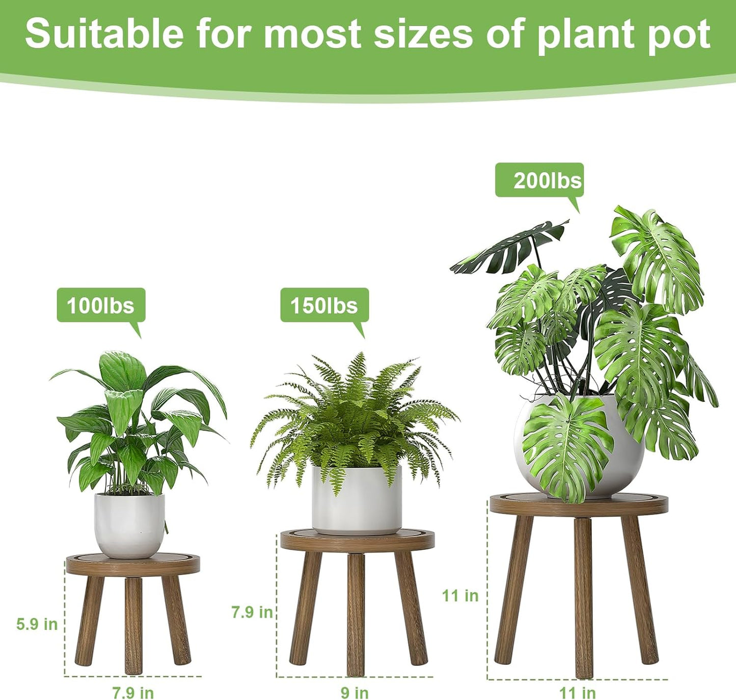 3-Pack Wood Plant Stands Indoor, Single Plant Stand for 6-12 Inch Pots, Mid-Century Modern Plant Stool, Tall Plant Stand for Large Plants for Living Room, Balcony, Office (Dark Gray)