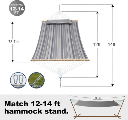 Double Quilted Fabric Tree Hammock with Spreader Bar, 14ft Hammocks 2 Person for Outside, Fits 12ft -14ft Hammock Stand, Pillow & Side Pockets & Carabiners, Max 475 lbs Capacity (Peace Dove)
