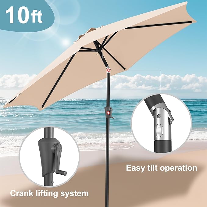 FLAME&SHADE 10ft Patio Umbrella - Outdoor Umbrella with 6 Sturdy Ribs, Push Button Tilt and Crank, UV Protection Table Market Umbrella for Pool, Porch，Garden, Deck, Backyard (Beige)