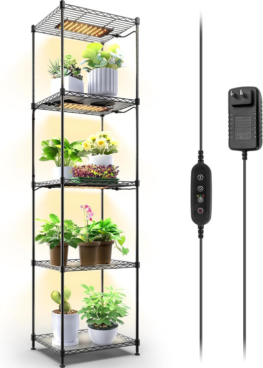 Barrina CX83 Plant Shelf with Grow Light, 5-Tier, Plant Stand with 10W Ultra-Thin Grow Light Panels for Hydroponics, Seedlings, Succulents, Flowers, Veg, 3/6/12h Timer, 15.7" L x 11.8" W x 59.1" H