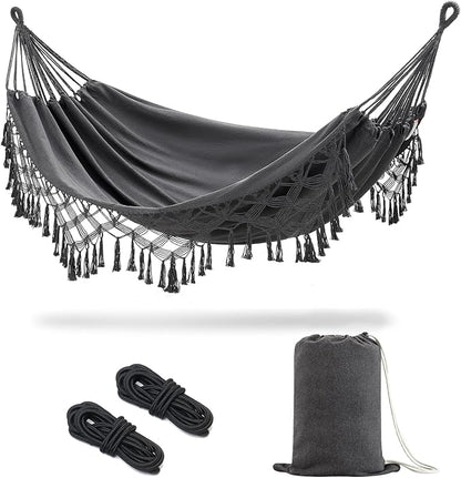 JoyView Boho Macrame Double Hammock with Hanging Ropes & Elegant Tassels 86.6x59 Portable Cotton Hammock for Patio Backyard Porch 450LBS Weight Capacity Perfect for Outdoor/Indoor - Dark Grey