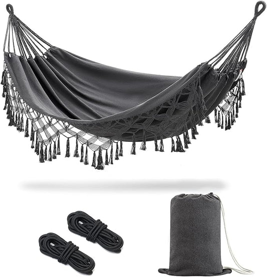 JoyView Boho Macrame Double Hammock with Hanging Ropes & Elegant Tassels 86.6x59 Portable Cotton Hammock for Patio Backyard Porch 450LBS Weight Capacity Perfect for Outdoor/Indoor - Dark Grey