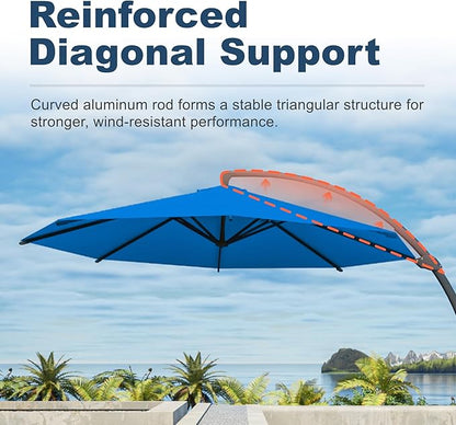 12FT Cantilever Umbrella with Base Large Curvy Outdoor Aluminum Offset Umbrella w/ 360° Rotation, UV Resistant Canopy for Patio, Garden, Backyard, Royal Blue