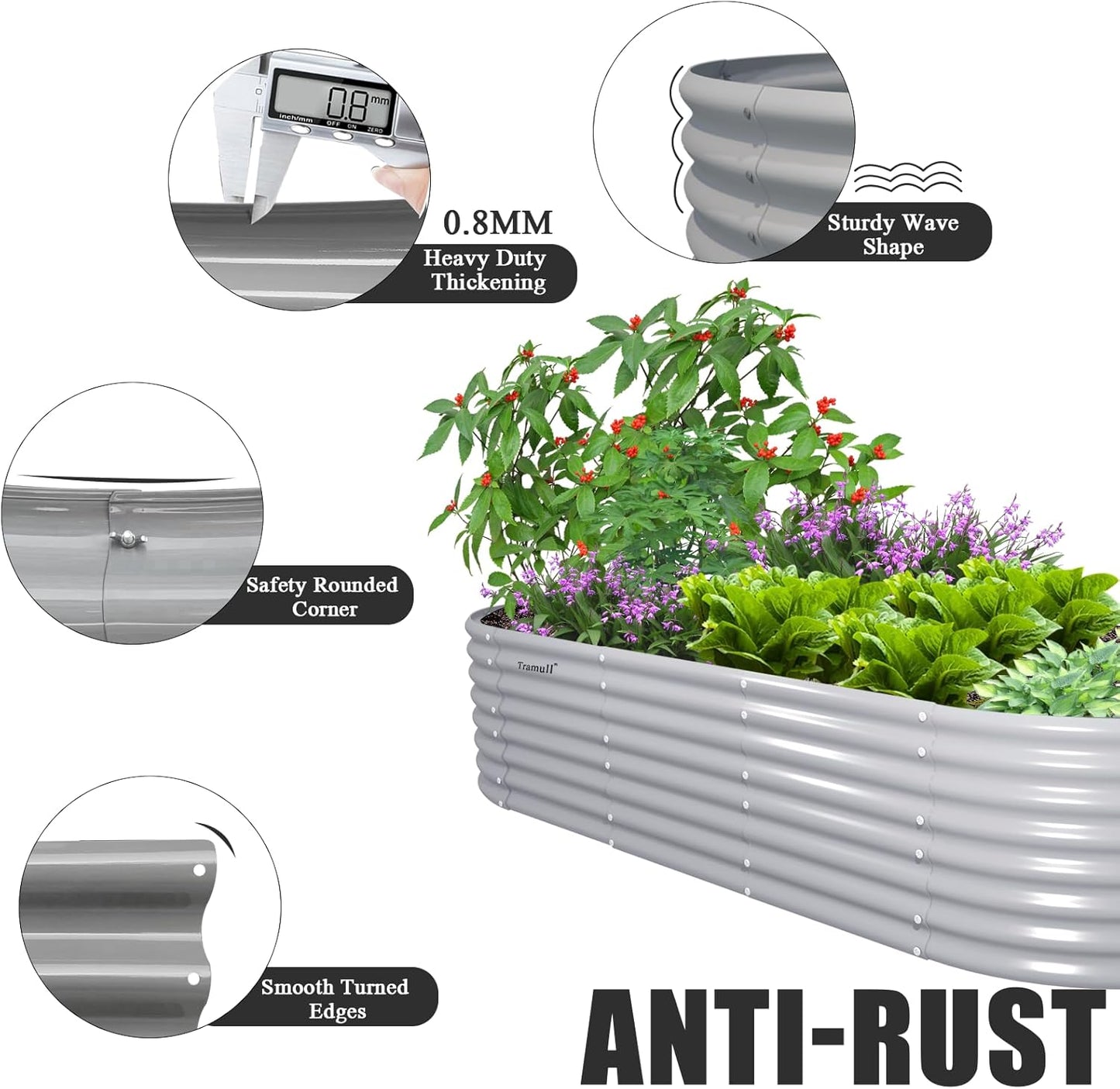 4 Pack 8x3x2FT Galvanized Raised Garden Bed Kit Oval Metal Ground Planter Box Outdoor Bottomless Planter Raised Beds for Vegetables Flowers Herbs Fruits, Gray